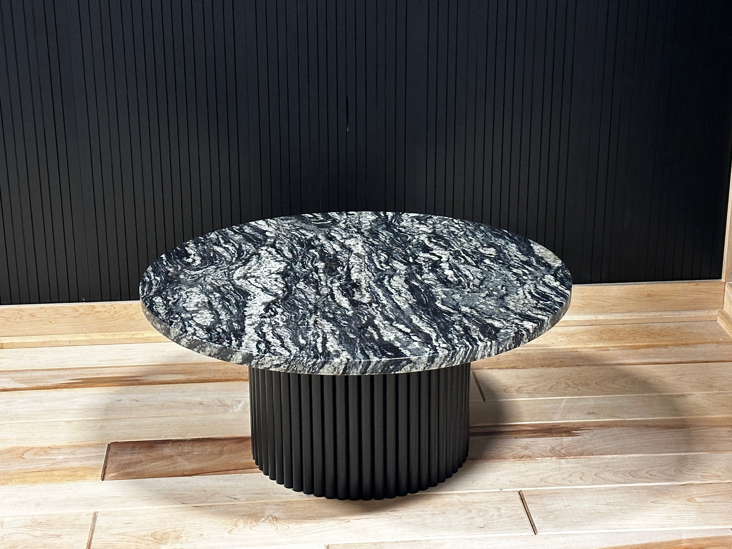 Onyx & Grey Marble Round Coffee Table with Fluted Base