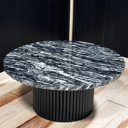 Onyx & Grey Marble Round Coffee Table with Fluted Base