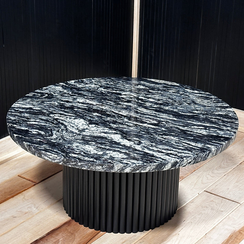 Onyx & Grey Marble Round Coffee Table with Fluted Base