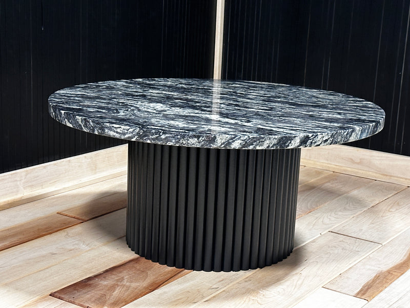 Onyx & Grey Marble Round Coffee Table with Fluted Base